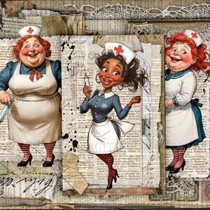 Retro medical ephemera printable with whimsical nurses, doctor illustrations, vintage papers, lace textures, and antique collage elements. DigitalFit Etsy Store: https://www.etsy.com/shop/DigitalFit