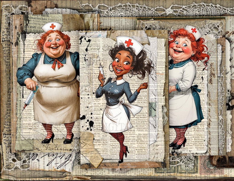 Retro medical ephemera printable with whimsical nurses, doctor illustrations, vintage papers, lace textures, and antique collage elements. DigitalFit Etsy Store: https://www.etsy.com/shop/DigitalFit