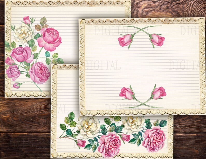 Pink Roses Prinatable French Pink Roses Printable Lined Paper Download, 11 Vintage Roses ...