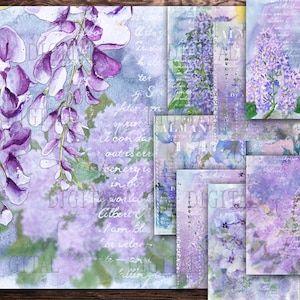 Lila Blumen Papier Junk Journal Printable, Floral Scrapbooking Papier, 12 Digital Collage Seiten, PDF