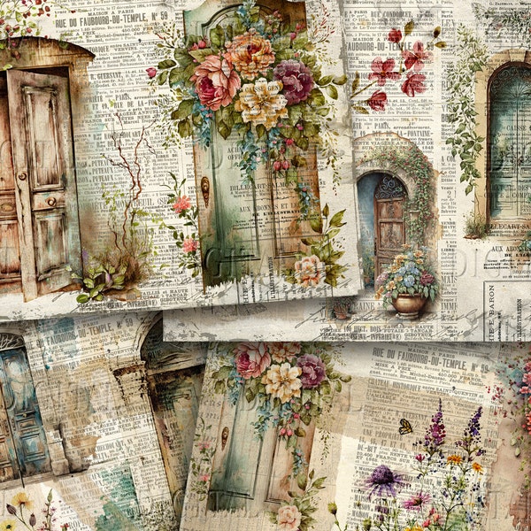 Antique Doors Collage, Old Floral Door Printable Images, Vintage French Door Images, Junk Journal Kit, PDF