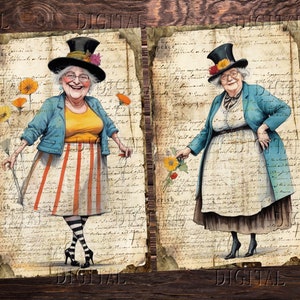 May include: Two illustrations of women wearing tall hats and holding flowers. The women are standing on a background of old paper with handwritten text. The illustrations are in a vintage style.