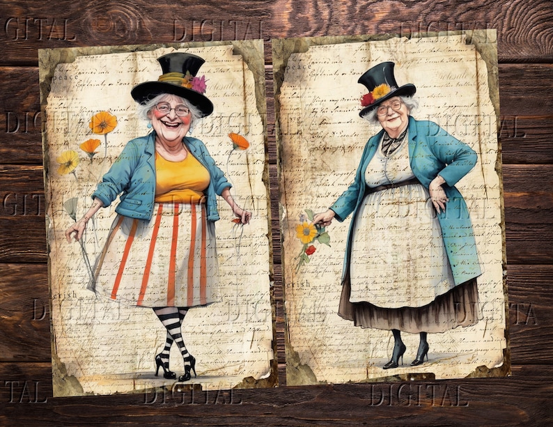 May include: Two illustrations of women wearing tall hats and holding flowers. The women are standing on a background of old paper with handwritten text. The illustrations are in a vintage style.