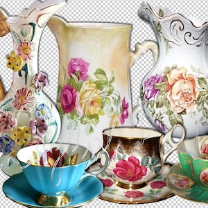 Digital Vintage Tea Cups, Vintage Pitcher,  Printable Tea Cup Images, Digital Clipart, Tea Party