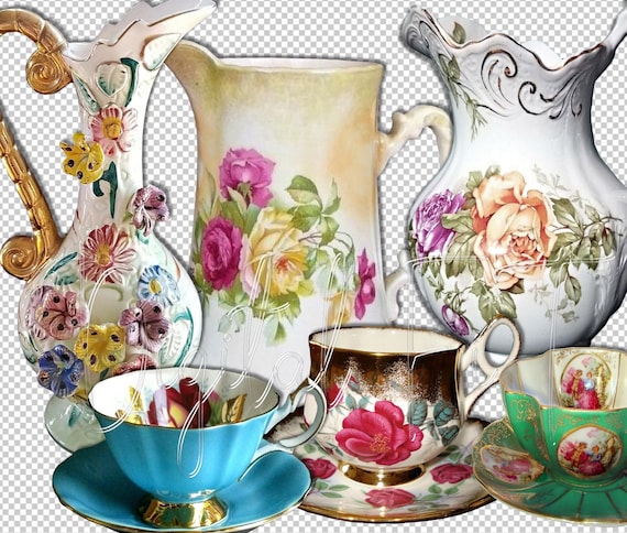 Vintage Tea Cup & Pitcher Clipart: Floral PNG Images (Digital Download)