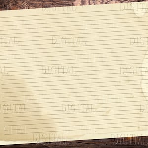May include: A blank, lined sheet of paper with a distressed, aged look. The paper is light brown with a slightly yellowed tint. The lines are evenly spaced and are a darker brown color. The paper is slightly torn at the top right corner. The paper is set against a background of dark brown wood.