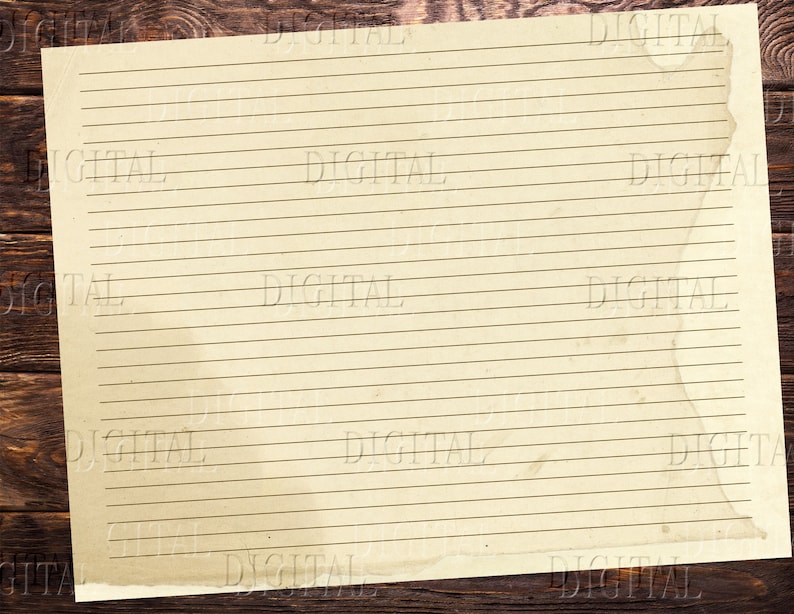 May include: A blank, lined sheet of paper with a distressed, aged look. The paper is light brown with a slightly yellowed tint. The lines are evenly spaced and are a darker brown color. The paper is slightly torn at the top right corner. The paper is set against a background of dark brown wood.