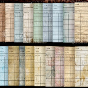 Verouderde afdrukbare bibliotheekkaarten, 20 oude sjofele kaarten, kortstondige vintage kunst, digitale download, pdf