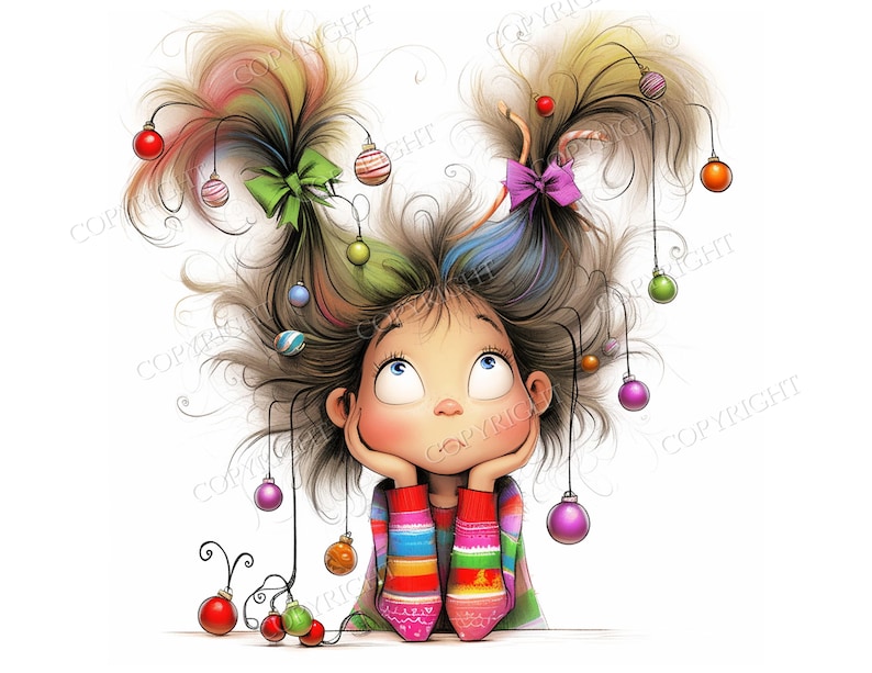 May include: A cartoon illustration of a person with messy, voluminous hair styled into two high pigtails. The hair is decorated with small, colorful hanging Christmas ornaments and green and purple bows. The person wears a striped, multi-colored sweater.