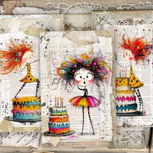 Geburtstagskuchen, wunderliches Mädchen, Junk Journaling, Scrapbooking, 16 halbe Seiten, Kartenherstellung, PDF