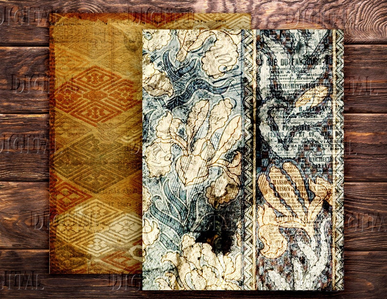 May include: Three vintage paper textures featuring a geometric pattern, a floral design, and a newspaper clipping. The paper textures are aged and have a distressed appearance.