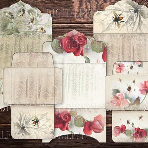 May include: Set of six printable vintage style envelopes with floral and bee designs. The envelopes feature a variety of floral patterns, including roses, and bees. The envelopes are perfect for adding a touch of vintage charm to your correspondence.