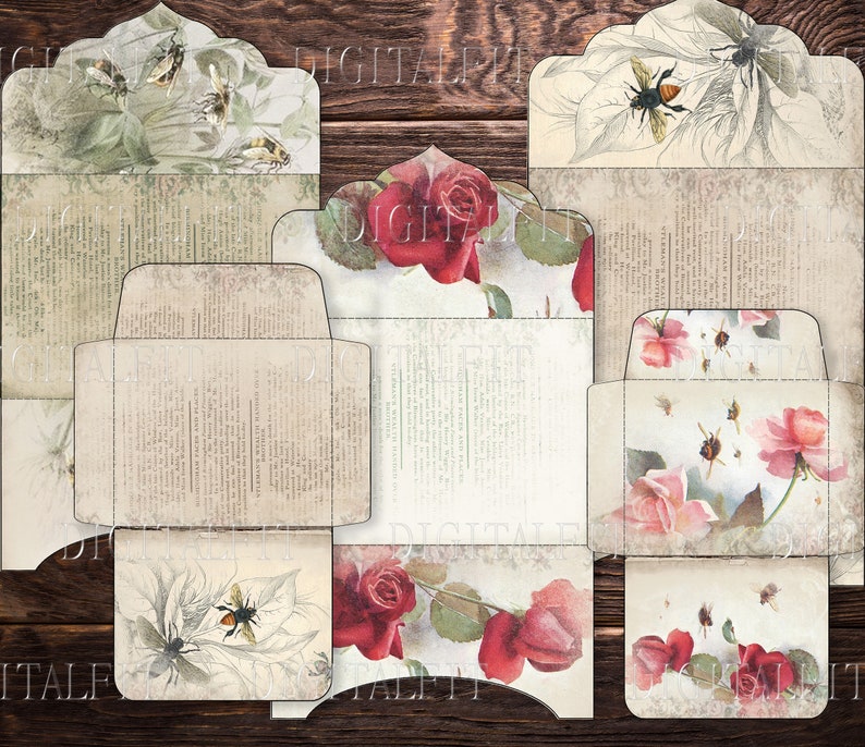 May include: Set of six printable vintage style envelopes with floral and bee designs. The envelopes feature a variety of floral patterns, including roses, and bees. The envelopes are perfect for adding a touch of vintage charm to your correspondence.