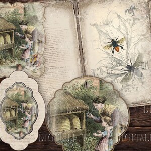 May include: Four vintage illustrations of beehives and bees. The illustrations are in a rustic style with a brown and cream color scheme. The text in the illustrations reads "AND PLACE", "TH HANDED OVER", "W.T.G. WAY", and "MORE, ND".