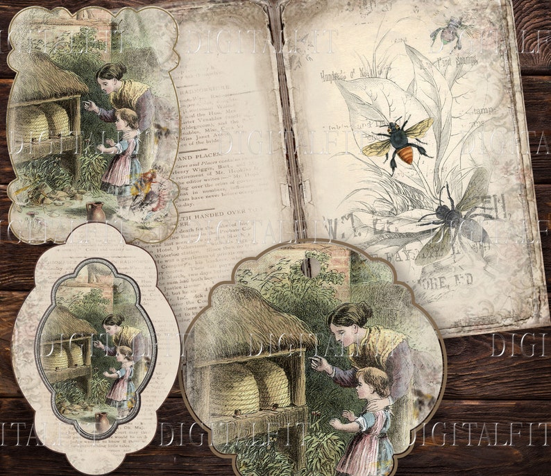 May include: Four vintage illustrations of beehives and bees. The illustrations are in a rustic style with a brown and cream color scheme. The text in the illustrations reads "AND PLACE", "TH HANDED OVER", "W.T.G. WAY", and "MORE, ND".