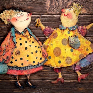 May include: Whimsical artwork featuring two cartoon figures with exaggerated features. One figure wears a yellow dress with black polka dots and a blue purse. The other figure is in a similar style, with a yellow dress and a blue collar. The background is a dark wood texture.