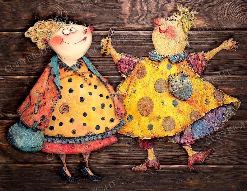 May include: Whimsical artwork featuring two cartoon figures with exaggerated features. One figure wears a yellow dress with black polka dots and a blue purse. The other figure is in a similar style, with a yellow dress and a blue collar. The background is a dark wood texture.