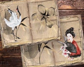 Japanese Junk Journal 20 Pages, Printable Antique Japan Paper, PDF