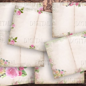 Floral linierte & leere Seiten, Vintage Rosa Rosen Journal Papier, 14 druckbare Shabby Chic Seiten, Junk Journal Kit, PDF