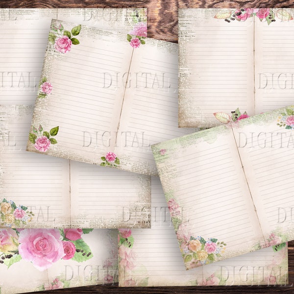 Páginas florales forradas y en blanco, papel de diario de rosas rosas vintage, 14 páginas Shabby Chic imprimibles, kit de diario basura, PDF