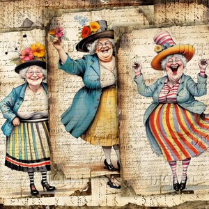 May include: Three women wearing colorful hats and dresses are laughing. The women are standing on a background of old paper with writing.