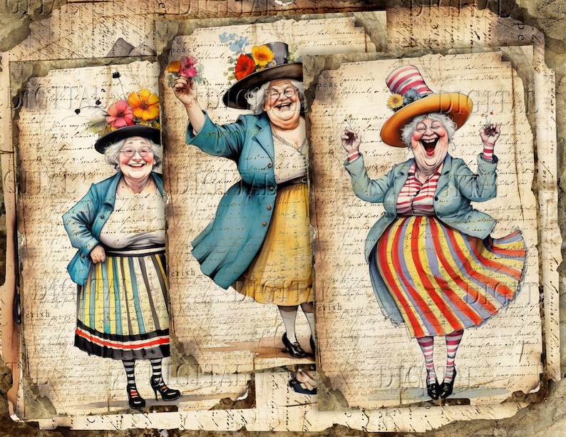 May include: Three women wearing colorful hats and dresses are laughing. The women are standing on a background of old paper with writing.
