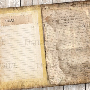 May include: A vintage-style journal with a yellowed paper cover and lined pages. The front cover has the word "IDEAS" printed on it. The back cover has a newspaper clipping with the text "Order Office: No. 877" and "FINE RECREATION".