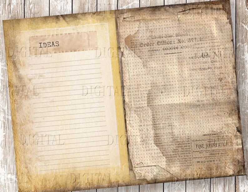 May include: A vintage-style journal with a yellowed paper cover and lined pages. The front cover has the word "IDEAS" printed on it. The back cover has a newspaper clipping with the text "Order Office: No. 877" and "FINE RECREATION".