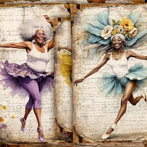 May include: A digital art print featuring two older women dancing in ballet attire. One wears a purple tutu and leggings, the other a blue tutu. Both are wearing white tank tops and have floral headpieces. The background is aged paper with script.