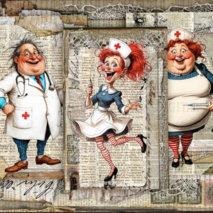 Medizinische Papierpuppen, 20 wunderliche Krankenschwestern Lustiger Arzt Printable Ephemera, Junk Journal halbe Seiten, PDF