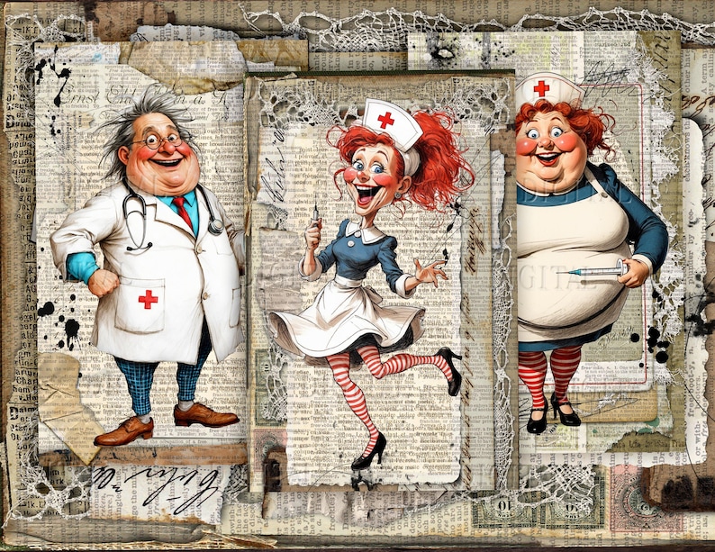 Vintage medical junk journal printable featuring whimsical doctor and nurse illustrations on distressed collage ephemera background.   DigitalFit Etsy Store: https://www.etsy.com/shop/DigitalFit