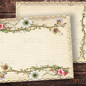 May include: Two printable sheets of lined paper with a floral border. The border features vines with green leaves and pink, white, and yellow flowers. The paper has a vintage, aged look.