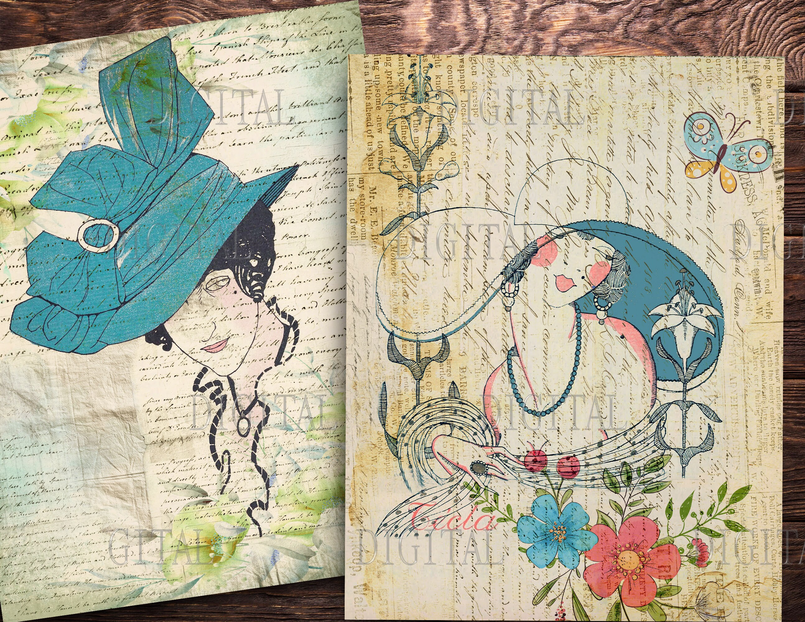 Blue Lady French Style,  12 Vintage Fashion Printables, PDF