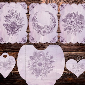 May include: Set of six printable digital paper designs featuring floral illustrations in a vintage style. The designs are in shades of purple and white on a textured background.