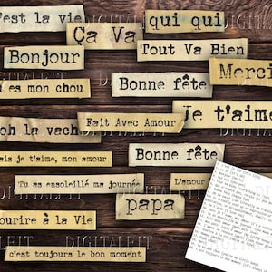 May include: A collection of vintage paper scraps with French phrases printed on them, including "c'est la vie", "bonjour", "tu es mon chou", "oh la vache", "fait avec amour", "bonne fete", "je t'aime", "l'amour", "sourire a la vie", "c'est toujours le bon moment", and "papa". The scraps are arranged on a wooden background.