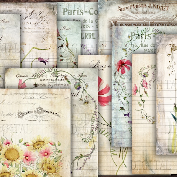Vintage Receipts, Letterhead, Printable Ledger,  Retro Paper, Floral Ledger Pages, Scrapbooking Paper, PDF