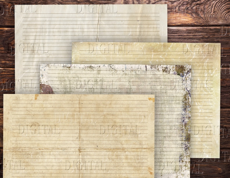 May include: Four sheets of lined paper with a distressed, aged look. The paper is stacked on a wooden background.