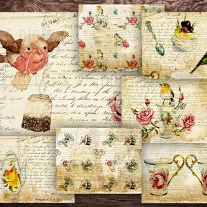 Teetassen, Rosen und Vögel Junk Journal Digital Kit, 10 digital druckbare Collage Sheets, Tee Junk Journal, Junk Journal Papier, PDF