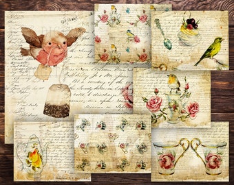 May include: A digital collage of vintage-style images featuring birds, teacups, roses, and handwritten text. The images have a distressed, aged look and are perfect for scrapbooking, card making, or other crafting projects.