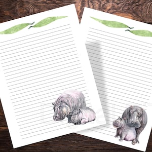 Papel digital para impressão Hipopótamo Mãe e Bebê, Hipopótamo, 4 páginas, download instantâneo, papel pautado para escrever, 8,5 x 11, JPG, PDF