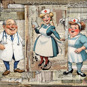 Vintage nurse digital printable with humorous medical illustrations, layered collage papers, and distressed journal elements.  DigitalFit Etsy Store: https://www.etsy.com/shop/DigitalFit
