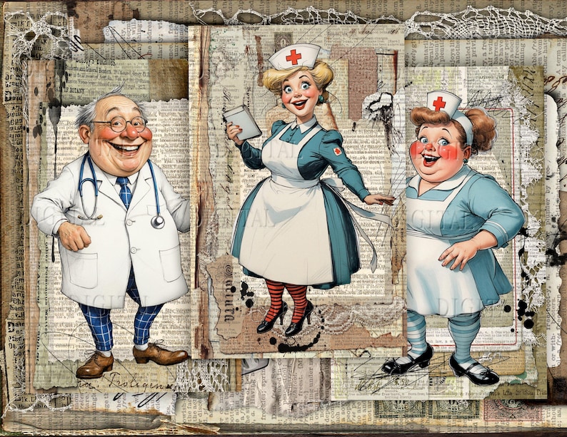 Vintage nurse digital printable with humorous medical illustrations, layered collage papers, and distressed journal elements.  DigitalFit Etsy Store: https://www.etsy.com/shop/DigitalFit