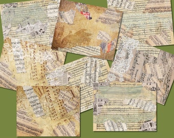 Op de afbeelding: Een collage van vintage bladmuziek met een kant-overlay. De bladmuziek is verbleekt en heeft een verweerde uitstraling. De kant is wit en delicaat. De achtergrond is lichtgroen.