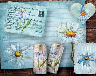 Blue Daisy Vintage Ephemera: Printable Junk Journal Pages (PDF)