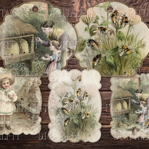 May include: Five vintage illustrations featuring a beehive, bees, and children. The illustrations are printed on paper with a cream background and have a decorative border. The illustrations are in a rustic style and would be perfect for scrapbooking or other craft projects.
