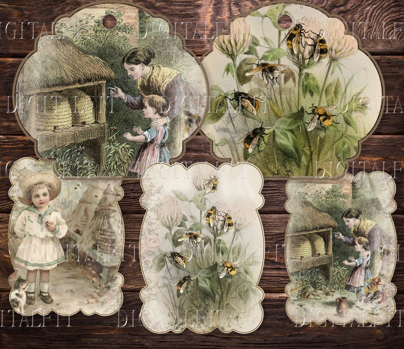May include: Five vintage illustrations featuring a beehive, bees, and children. The illustrations are printed on paper with a cream background and have a decorative border. The illustrations are in a rustic style and would be perfect for scrapbooking or other craft projects.
