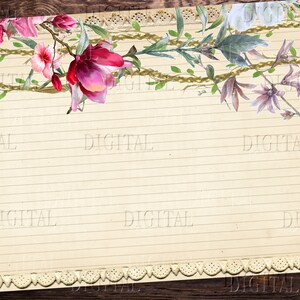 May include: A vintage-style lined paper background with a floral border. The border features pink, purple, and green flowers with a gold chain design.