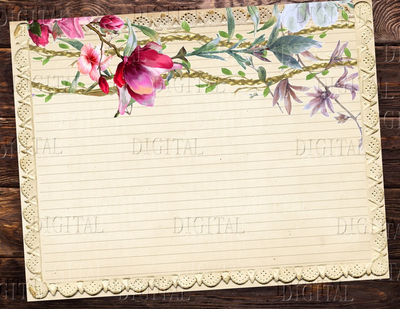 May include: A vintage-style lined paper background with a floral border. The border features pink, purple, and green flowers with a gold chain design.