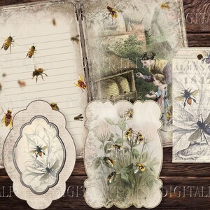 May include: A vintage journal page with a handwritten note section and a decorative image of a beehive with bees flying around it. The page is surrounded by a wooden frame and a tag with the text "Astronomica 1842".