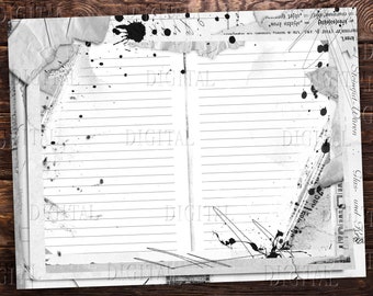 May include: A black and white image of a lined notebook with torn edges and black ink splatters. The notebook is open to a blank page. The text "Steingut-Waren" and "Glas- und R" is visible on the right page.
